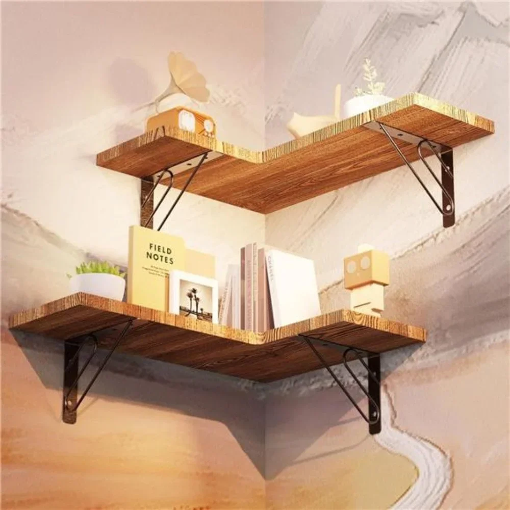 Wood Corner Floating Shelves Set of 4, Wall Mounted Shelves Rustic Brown